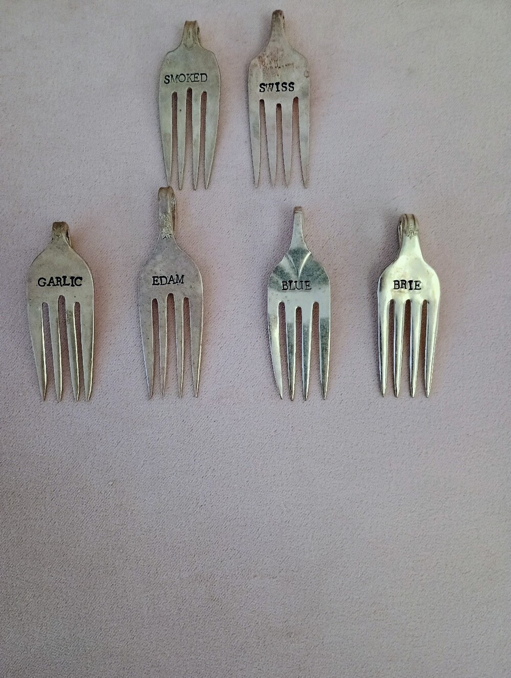 Set of 7 Vintage Cheese/Tasting Fork Markers - Silver Tone- Hand stamped